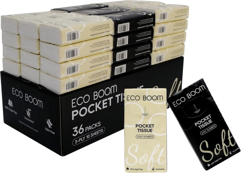 Eco boom Soft Pocket Tissues, Travel Size, 3-Ply, Hypoallergenic, 36 Packs, Eco-Friendly Facial Tissues for Car, Purse, and School - Image 1